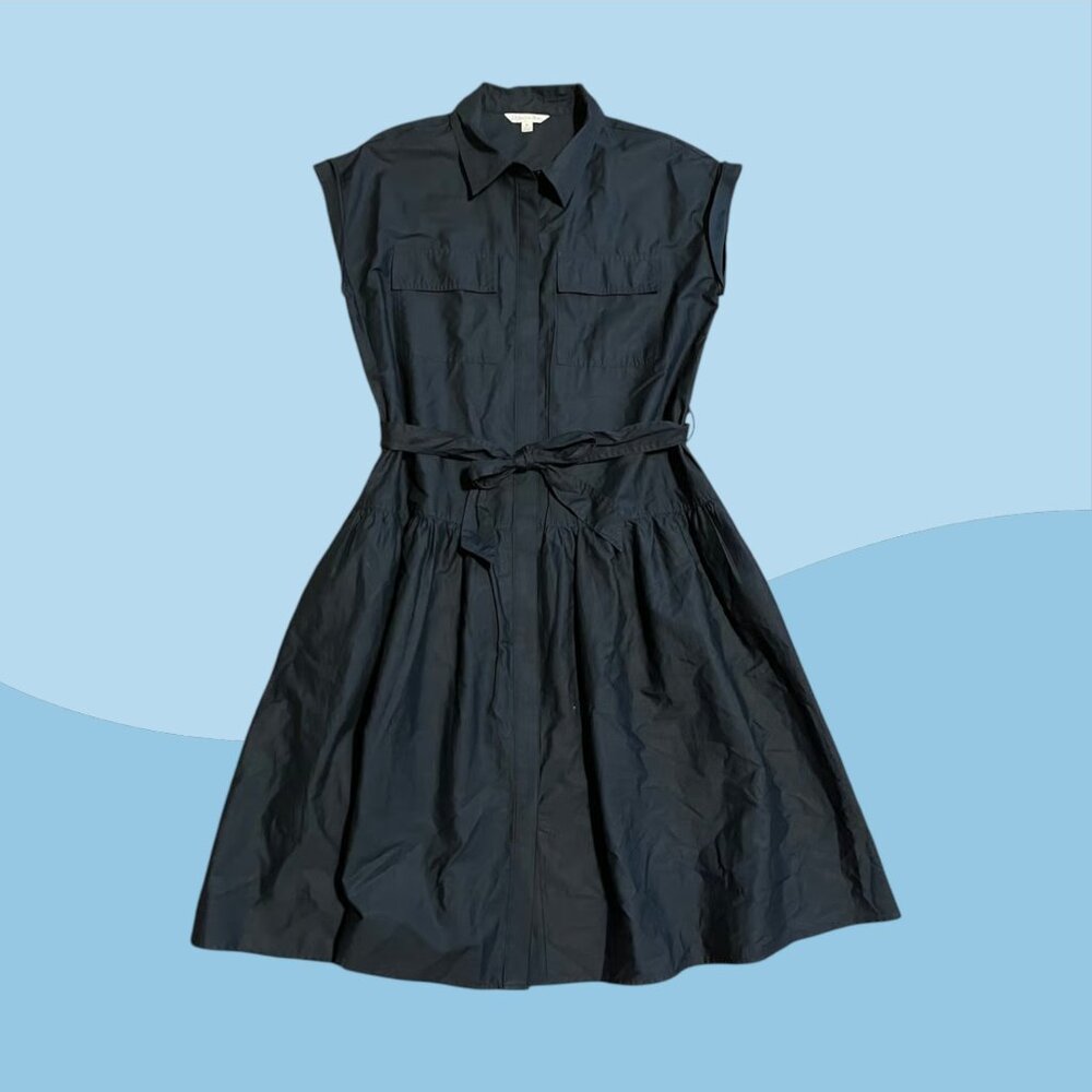 Ophelia Roe NEW SZ M Oversized Navy Blue Button Down Belted Shirt Dress Pockets